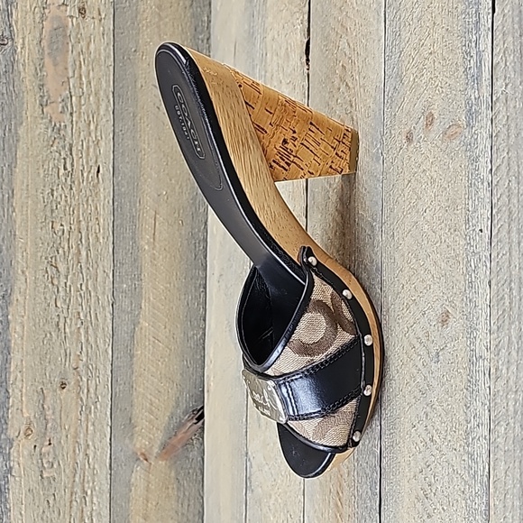 COACH Women's Illisa Heel Shoes Black Brown Brass Logo Plate Platform Sandal - Picture 7 of 11